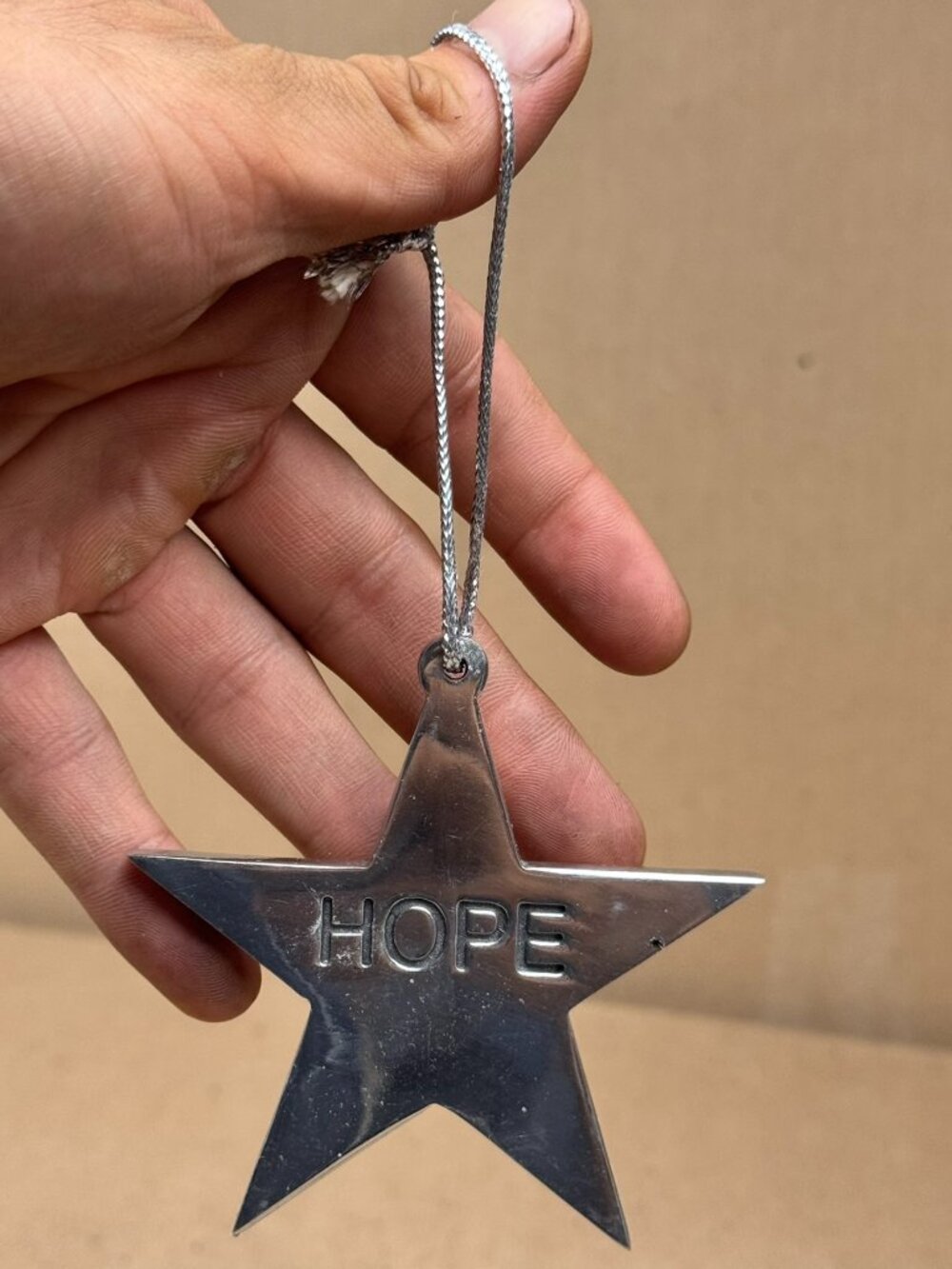 Silver Metal Hope Star Christmas Holiday Tree Ornament 3" Hanging Decor